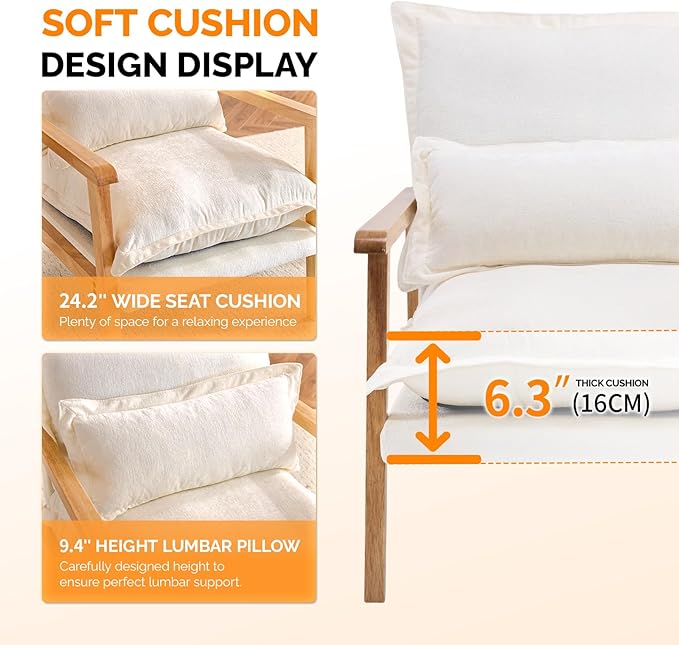 VINGLI Mid-Century Modern Cloud Accent Armchair with Lumbar Pillow, 6.3'' Thick Seat Cushion Comfortable Reading Chair with Wooden Armrests，Boho Lounge Chair for Bedroom, Living Room, Chenille, Beige