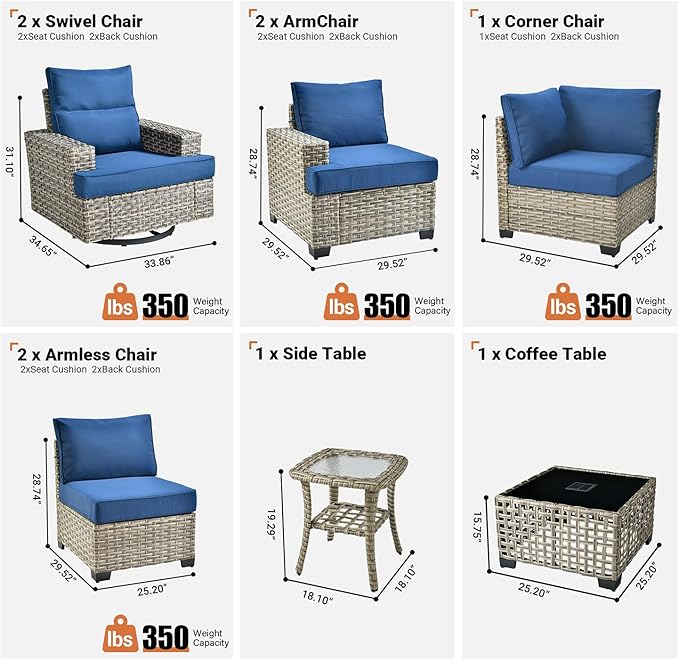 ovios 9 Piece Patio Sectional Furniture with Swivel Rocking Chairs, Rattan Wicker Coversation Set with Glowing Coffee Table, Outdoor Sofa Set for Outside Porch Balcony Backyard Pool,Navy Blue