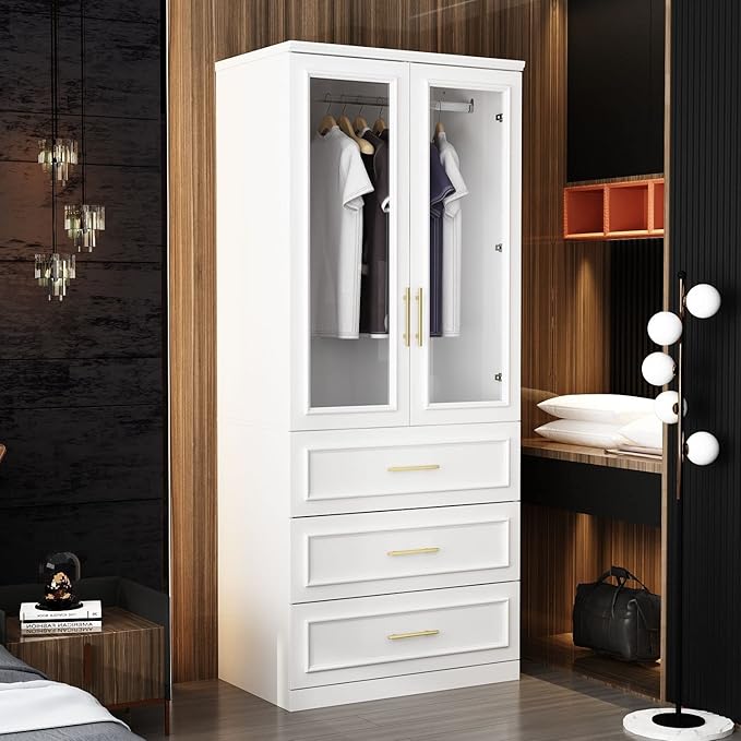 FAMAPY 2 Glass Door Wardrobe with 3 Drawers, Armoire Wardrobe with Hanging Rod, Gold Metal Handles, Closet for Bedroom White (31.7'W x 19.3'D x 74.9'H)