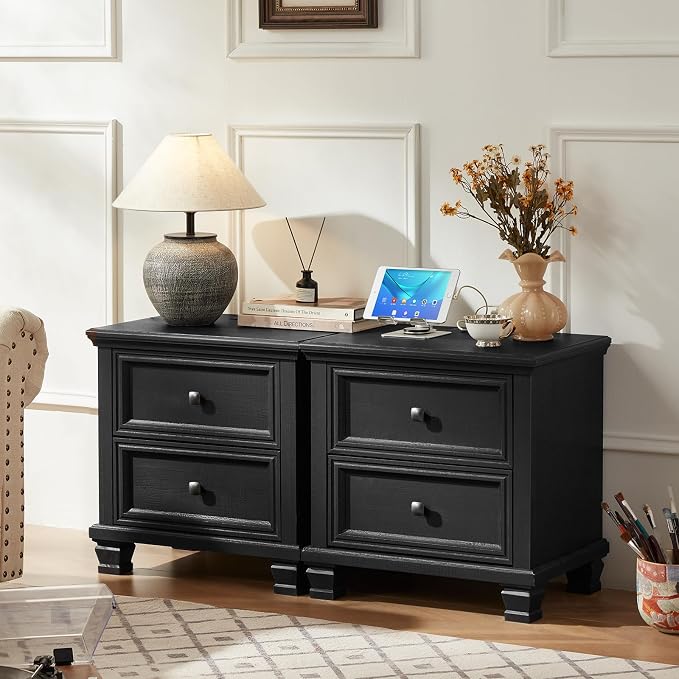 SAVOR LIFE Farmhouse Nightstand with Charging Station, Rustic Low Night Stand with 2 Drawers, Mid-Century Modern End Table with 4 Square Solid Wood Legs, Small Dresser for Bedroom, Home, Black - Image 3