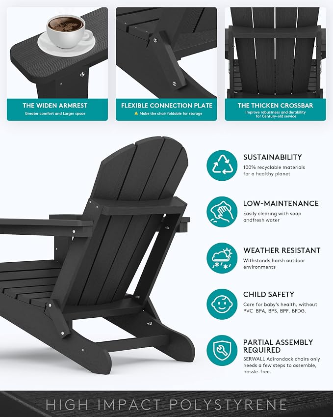 SERWALL Foldable Adirondack Chair Set of 2 for Patio Garden Outdoors Fire Pit-Black - Image 6