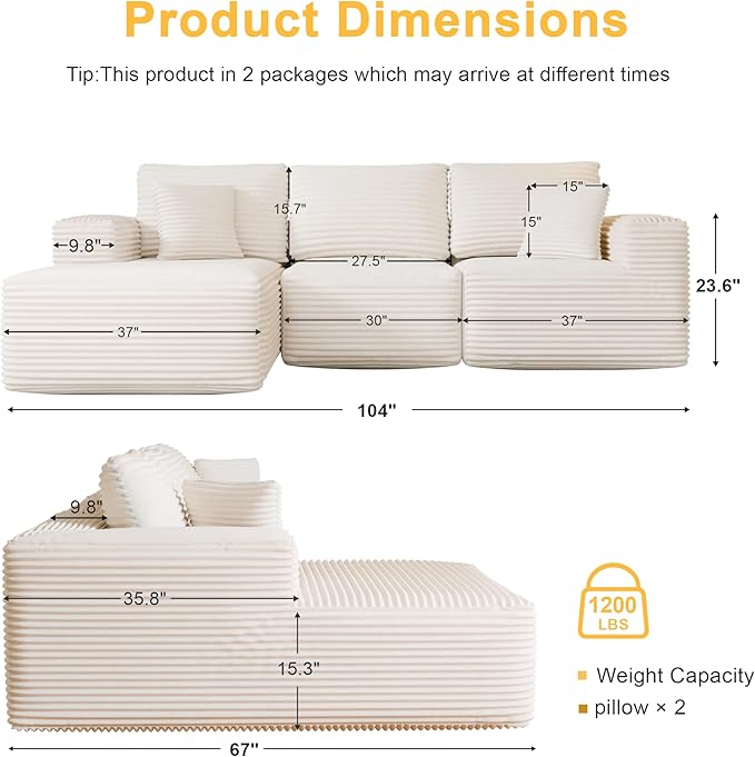 104" Modular Sectional Sofa with L-Shape Chaise, Modern Upholstered Cloud Couches for Living Room Bedroom, No Assembly Required, Cream