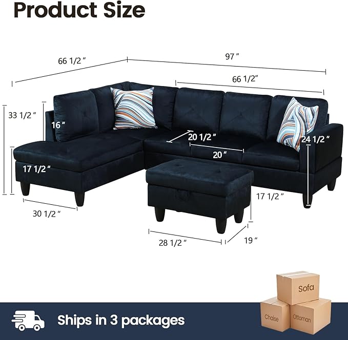 Sectional Couches for Living Room Furniture Sets, 4 Seat L Shaped Couches with Ottoman, Modular Sectional Sofa for Apartment Furniture Sets, Dark Blue