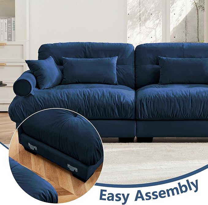 KEIKI 166" L-Shaped Oversized Velvet Modular Sectional Sofa with 1 Ottoman, High-Density Foam Cushions and Bolstered Armrests, Upholstered 4-Seater Cloud Couch with 6 Pillow, for Living Room, Blue