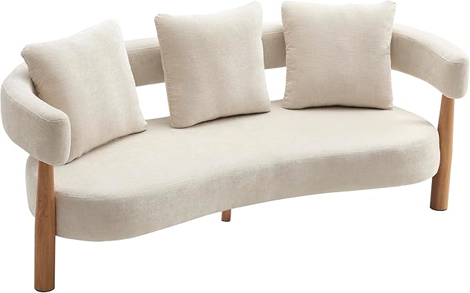 Christopher Knight Home Yulez Curved 3-Seater Sofa Couch with 3 Accent Pillows, Chenille Fabric Upholstered Lounge Seating, 76.5'' Home Office Bedroom Sofa Chair, Comfy Wooden Frame Sofa, Beige