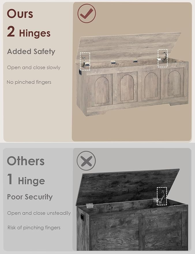 DINZI LVJ Storage Chest, 47.2" Rattan-Like Toy Box with 2 Safety Hinges, Wooden Entryway Storage Bench with Flip-Top, Large Trunk for Living Room, Bedroom, Easy Assembly, Greige - Image 5