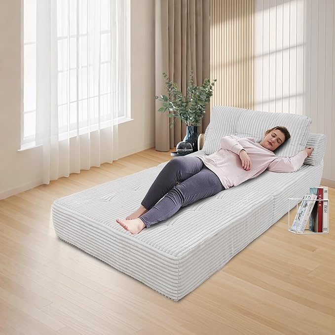ANONER Memory Foam Folding Sofa Bed, Sectional Couches with Deep Seat and Pillow, Futon Floor Couch, Versatile Convertible Sleeper Chair, Boneless Chaise Lounge, Fold Out Chair Bed, Beige