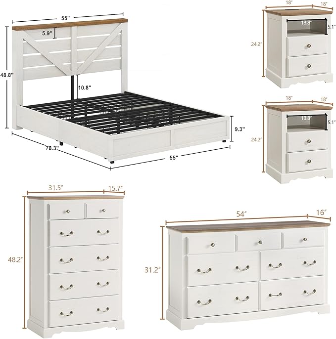 AMERLIFE 5 Piece Bedroom Set, Including Farmhouse Queen Size Bed Frame with 4 Drawers, 7 Drawer Dresser & 6 Chest of Drawers, 2 Nightstands with Charging Station for Bedroom, White