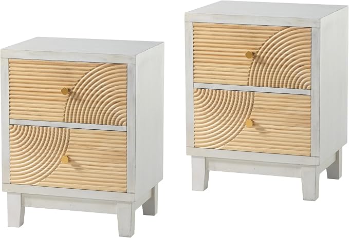 COZAYH 2-Drawer Farmhouse Nightstand X 2P, Mid Century Nightstand Fully Assembled with Handcrafted Wood Ring Pattern for Boho, Mid-Century, Rustic Style, White by COZAYH