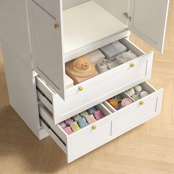 VELTENOVAIRE 2-Door Wardrobe Closet with 3 Drawers, 71" Tall White Wood Armoire Wardrobe Closet Organizer System & Storage Cabinet with Hanging Rod, Freestanding Bedroom Armoire, 20" Deep