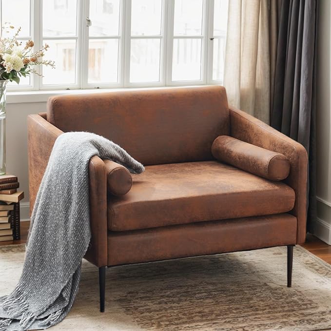 Karl home Mid-Century Club Chair 38.2" Living Room Sofa Oversized Bronzing Cloth Upholstered Accent Chair with Metal Legs for Living Room, Bedroom, Balcony, Apartment, Office, Brown