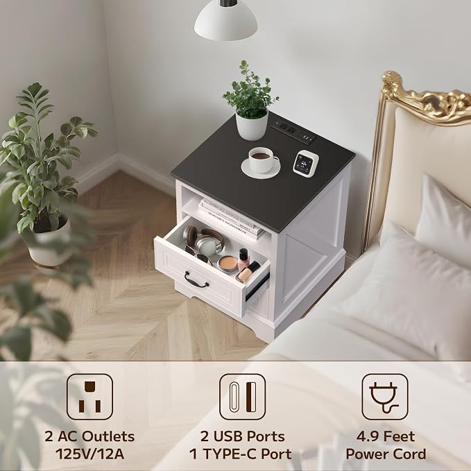 Farmhouse Night Stand Set of 2,18" Nightstand with Charging Station, End Table with 2 Drawers Storage Cabinet Bedside Cabinet for Sitting Room and Bedroom,Wood Rustic - Image 3