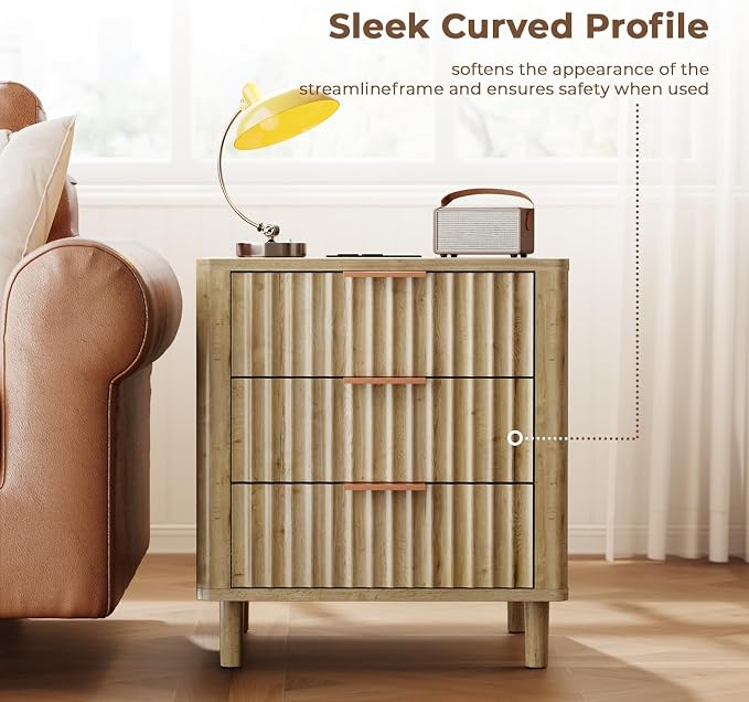Fluted Nightstand Set of 2, Multifunctional 3 Drawers Storage Bedside Table with Charging Station, Wood Modern Nightstand, Curved Profile Design, End Table for Indoor Room Bedroom, Oak - Image 6