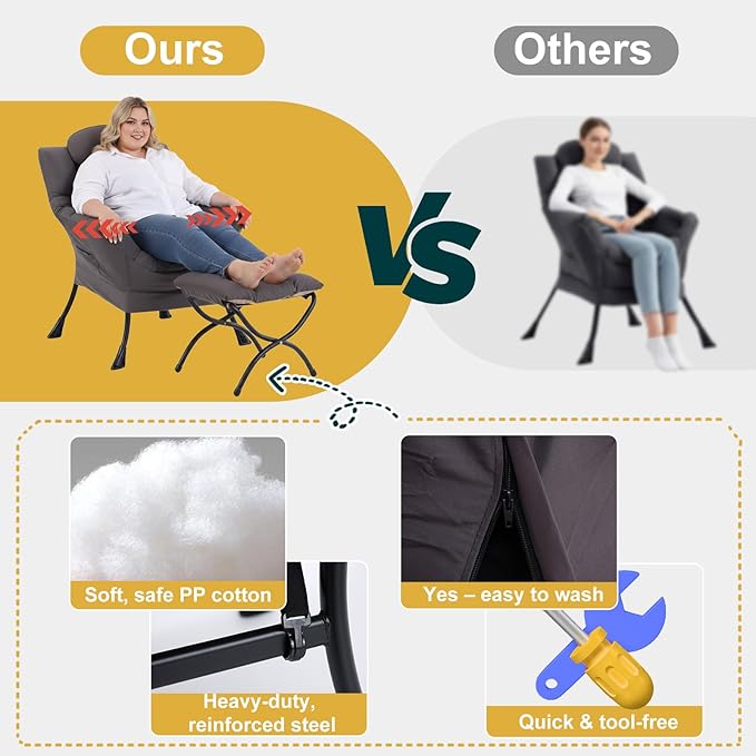 Lazy Chair with Ottoman, Large Accent Chair with Ottoman and a Throw Pillow, Shadow Grey Reading Chair for Living Room Bedroom Dorm Room Office Apartment Relaxing Use