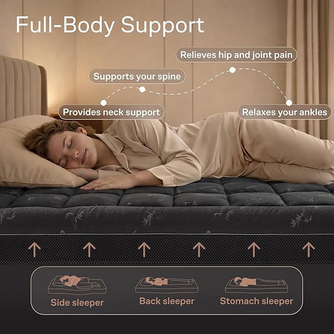 Dual-Layer 3.5 Inch Full Size Mattress Topper - 2” Memory Foam + 1.5” Viscose Made from Bamboo Mattress Pad - Double the Comfort & Back Support - Removable & Machine-Washable Cover, Dark Gray