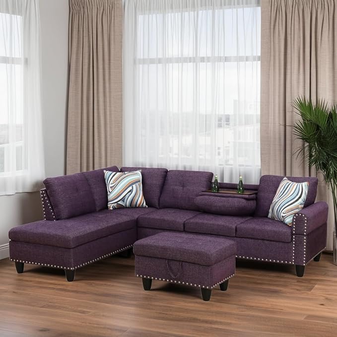 L-Shaped Sectional Sofa with Movable Chaise & Storage Ottoman, Lounge 3-Piece Modular Convertible Couches for Living Room, Apartment & Office, Deep Purple