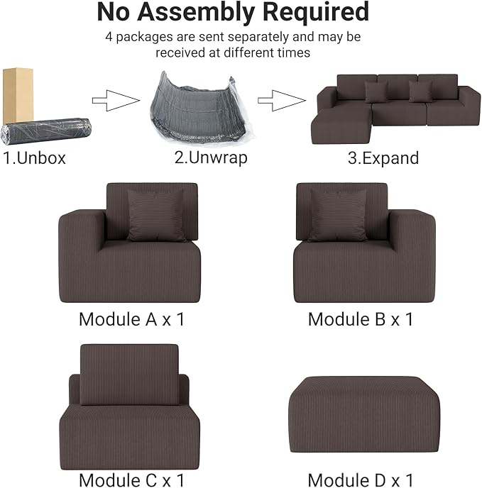 108‘’ L-Shaped Modular Sectional Couches for Living Room Bedroom, Oversized 3 Seater Sofa Boneless with Deep Seat, Ottoman No Assembly (Brown)