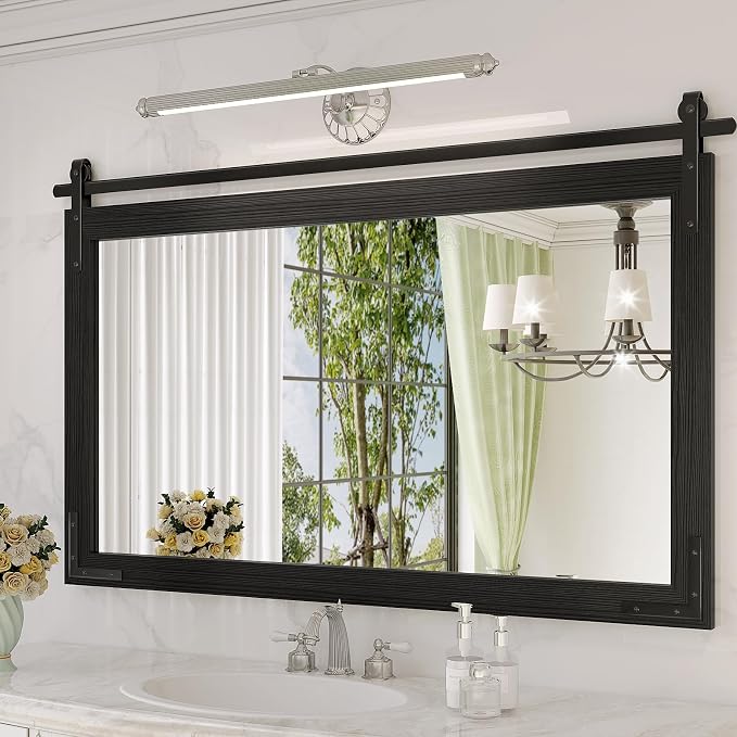 Farmhouse Mirror for Bathroom, 40x26 Inch Black Vanity Mirror for Wall, Wood Framed Rustic Mirror Rectangular Wall Decor Mirrors for Entryway Living Room Bedroom by JIINGYO