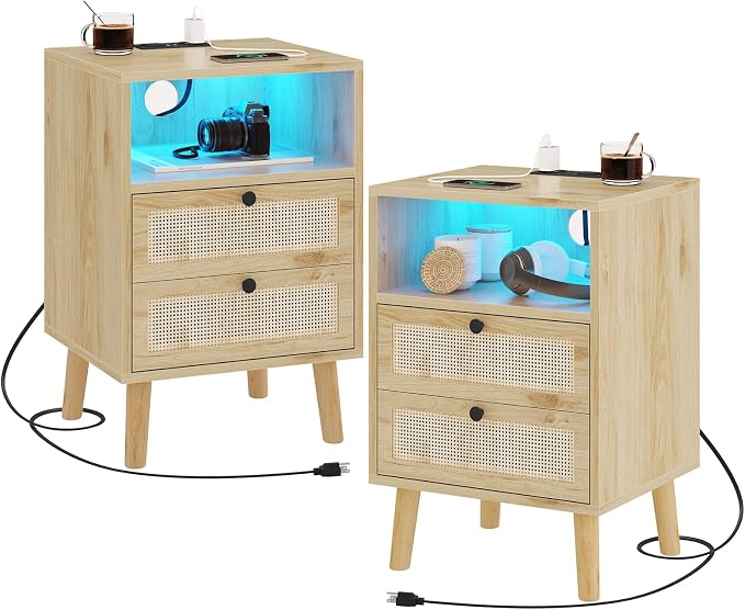 AOGLLATI Rattan Nightstands Set of 2 with Charging Station and LED, Bed Side Tables with 2 Drawers and Open Storage, Wood End Tables, Organic Modern Night Stands for Bedroom - Image 8