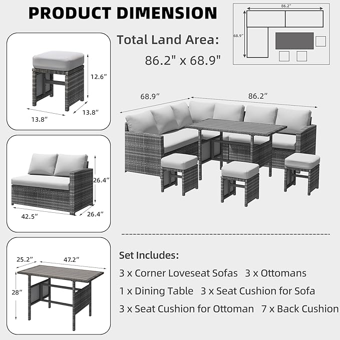 AECOJOY Outdoor Patio Furniture Set with Waterproof Cover, 7 Pieces Clearance Sectional Rattan Dining Table&Chairs, All Weather Wicker Conversation Sofa Couch, Light Grey Cushions&Grey Rattan