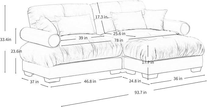 KEIKI 94" L-Shaped Oversized Velvet Modular Sectional Loveseat Sofa with 1 Ottoman, High-Density Foam Cushion, Bolstered Armrest, Upholstered 2-Seater Cloud Couch with 4 Pillow, for Living Room, Camel