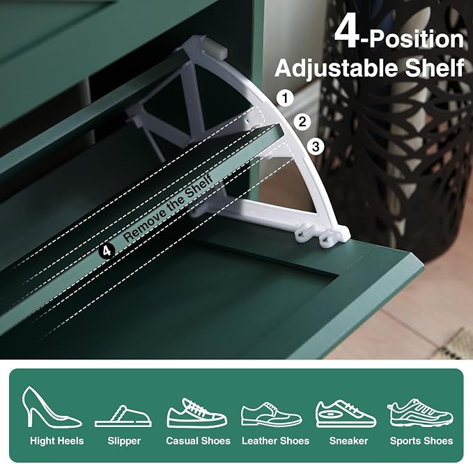 Barnyatoh Shoe Storage Cabinet,Farmhouse Shoe Organizer with 2 Flip Drawers & Barn Door Design,Freestanding Hidden Slim Narrow Shoe Rack Cabinet with Open Storage for Entryway, Foyer,Hallway,Green - Image 6