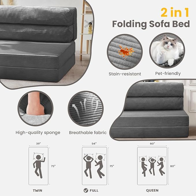 Folding Sofa Bed, Convertible Sleeper Chair with Pilow Foldable Matress, 2 in 1 Pull Out Loveseat Sofa Portable Fold Out Chair Bed Floor Couch Lounge for Living Room (Grey, Twin-41Inch)