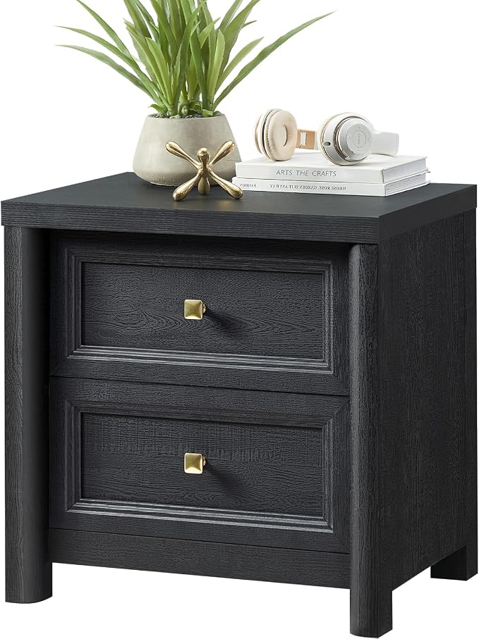 Standifurno Black Night Stand for Bedroom, Rustic Nightstand with 2 Drawers, Black and Gold Nightstand with Metal Knobs Farmhouse Wood Bedside Table End Table Living Room Sofa Side Table 22.8” Wide by StandifurnoFurniture