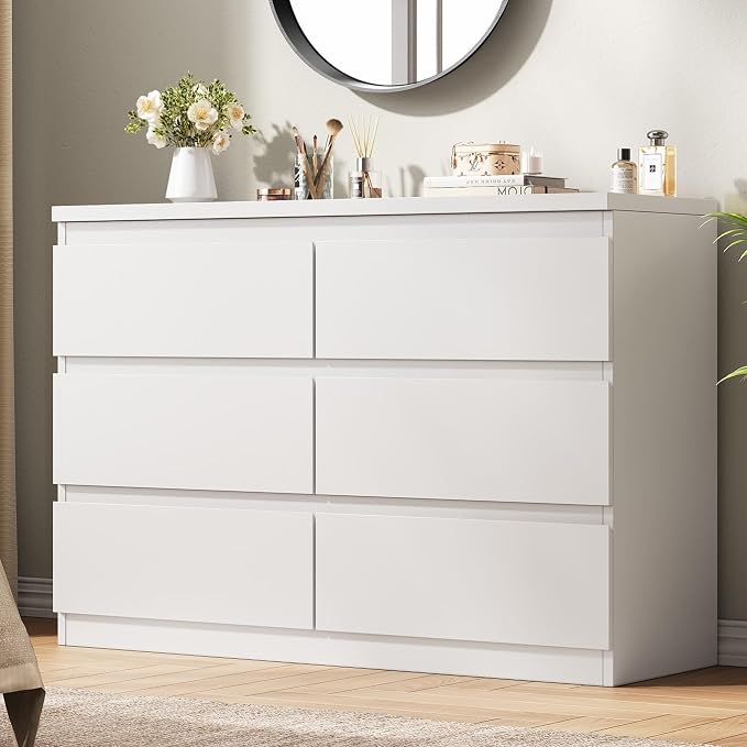 Jocoevol White 6 Drawer Dresser for Bedroom, 15.3" D x 47.2" W x 32.3" H in Simply Modern Chest of Drawers, Wood Storage Double Dresser with Deep Drawers for Living Room, Hallway Entryway, White by JOCOEVOL