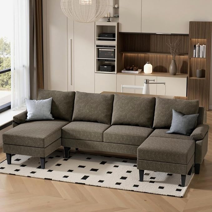 Sectional Couches for Living Room, Convertible 4 Seat Modular Sectional Sofa Set for Living Room, L Shaped Couch or U Shaped Couch with Ottoman for Apartment, Brown
