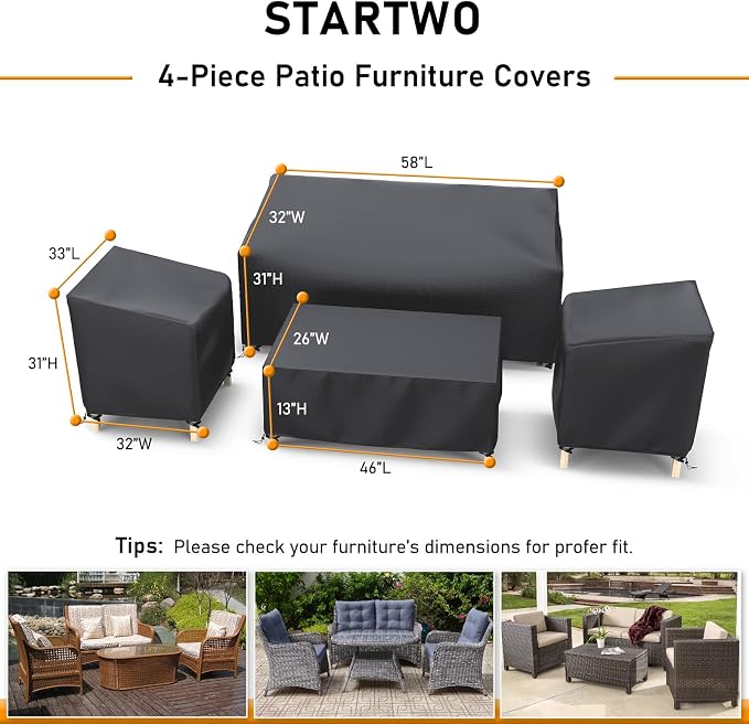 STARTWO Heavy Duty 600D Patio Furniture Covers 4-Piece Set for Loveseat, Chairs and Coffee Table, Outdoor Waterproof, Black - Image 2