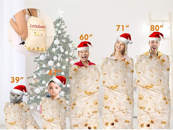 LetsFunny Burrito Tortilla Throw Blanket, Giant Funny Realistic Food Blanket, 71in 2.0 Double Sided Taco Tortilla Wrap Blanket, Funny for Adults Teens Boys, Soft Flannel Round Throw