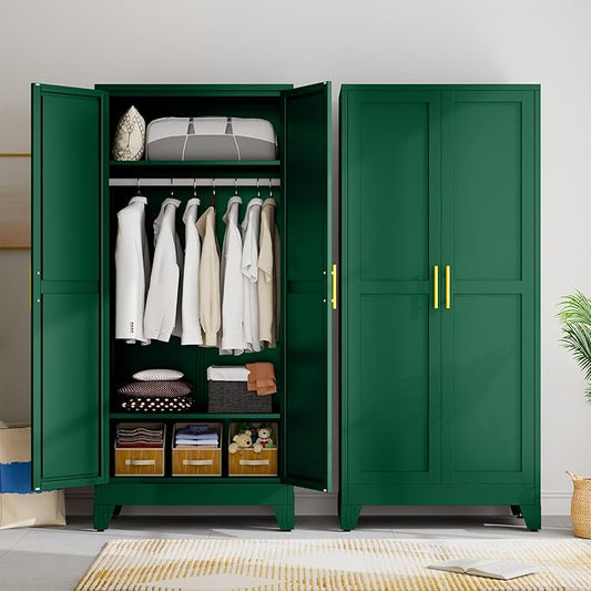 Metal Wardrobe Storage Cabinet with Hanging Rod,71'' Metal Clothing Cabinet with 2 Doors and 2 Adjustable Shelves for Bedroom, Laundry Room, Cloak Room (2 Doors-71'', Green)