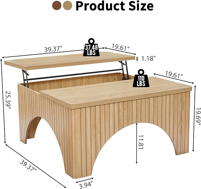 Square Coffee Table, 39'' Large Lift Top Coffee Table with Flip-Top Hidden Compartment Farmhouse Fluted Center Table Wooden Tea Table for Living Room, Apartment, Office (Natural)