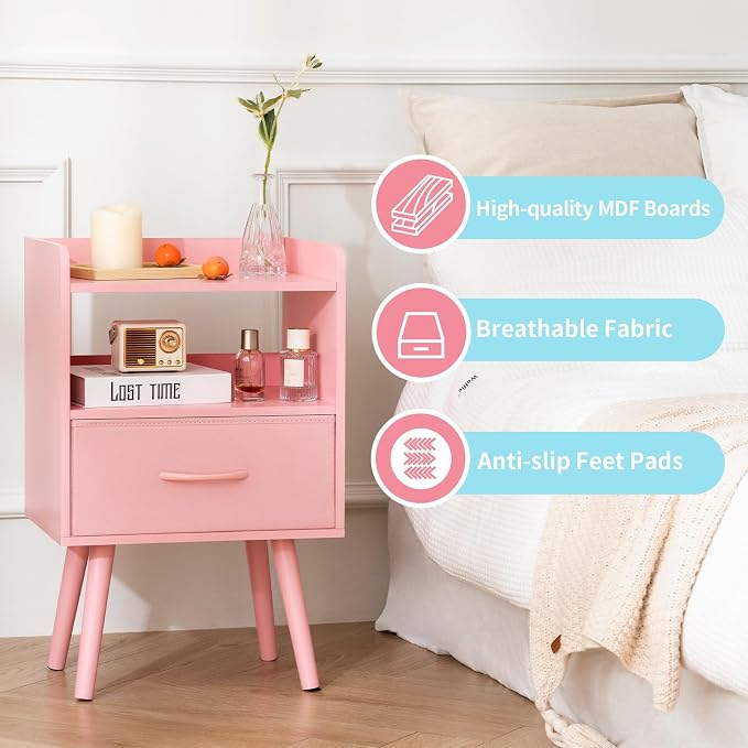 Yoobure Night Stand with Fabric Drawer, Modern Nightstand, Bedside Tables, Mid Century Nightstands with Open Storage Shelf, Wood Bedside Table, Small Night Stands for Bedrooms, 2-Tier Night Table - Image 3