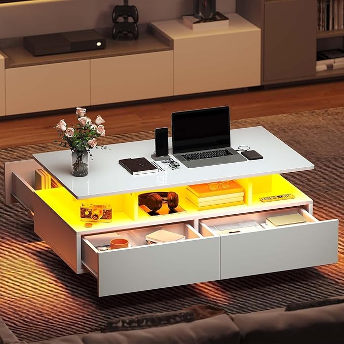 DWVO LED Coffee Table with Storage 4 Drawers, Modern High Glossy Coffee Tables for Living Room, White Rectangle Coffee Table Small Center Table with Open Display Shelf & Sliding Drawers, White