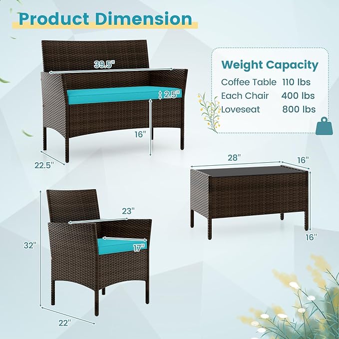 DORTALA Wicker Patio Furniture Set 4 Piece, Outdoor PE Rattan Table & Chairs Set with Tempered Glass Coffee Table, Loveseat, Cushions, Conversation Set for Balcony, Porch, Backyard, Deck, Turquoise