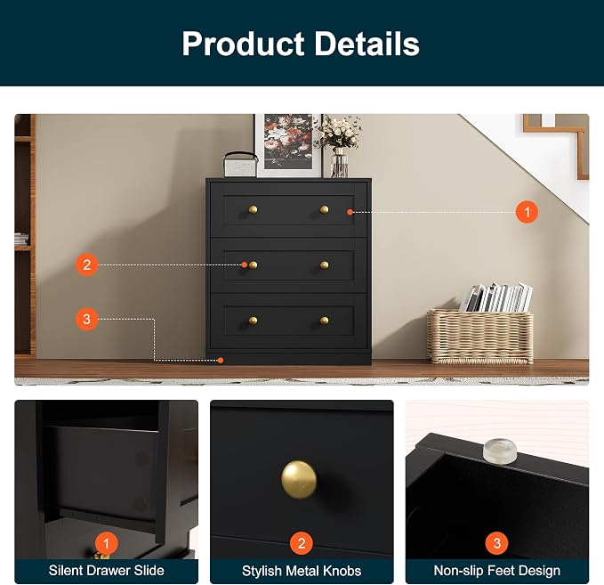 RoyalCraft Black 3 Drawer Dresser Set of 2, Small Dresser for Bedroom, Wood Nightstand with Drawers, Modern Chest of Drawers for Closet, Living Room, Entryway - Image 7