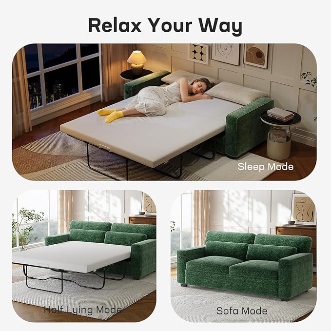 Marsail Pull Out Sofa Bed, Full Size Sleeper Sofa with Memory Foam Mattress, 2 USB Charging Ports & Removable Covers, Chenille Loveseat Couch for Living Room, Apartment, Green
