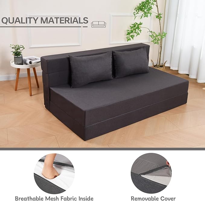 Folding Sofa Bed with Pillow, Foldable Bed Sleeper Chair with Washable Cover, Convertible Sofa Chair, Fold Out Couch,Futon Couch for Living Room, Dorm, Guest Room, Queen Size, Dark Grey