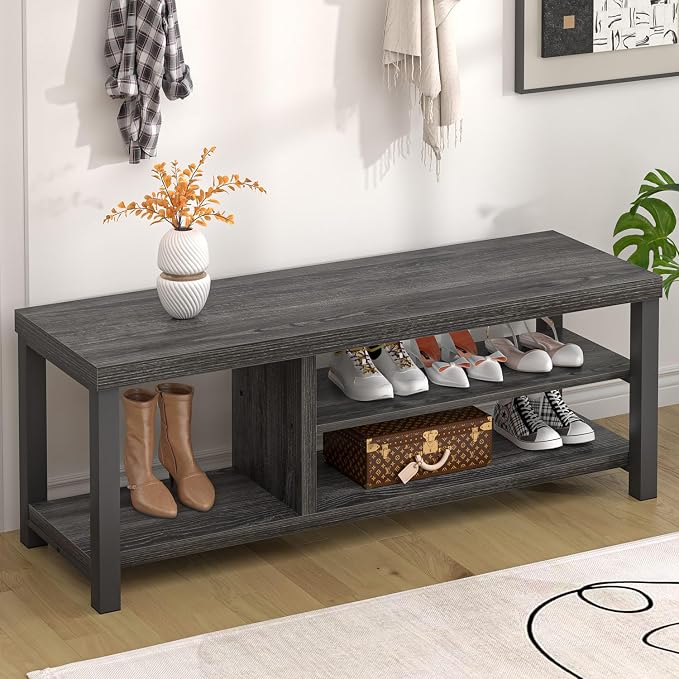 FOLUBAN Entryway Bench with Shoe Storage, Vintage End of Bed Bench, Rustic Wooden Entry Bench for Hallway Front Door Entrance, Industrial Indoor Bench for Bedroom Living Room, Dark Gray, 47 Inch - Image 5