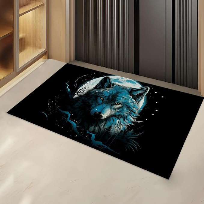Blue Wolf Moon Indoor Door Mat Gifts, Floor Area Rug for Entryway, Living Room or Bathroom, Non-Slip Mystical Full Moon Forest Animal Doormat Home Decor Rug 17x29.5 Inch by TURAMURRA