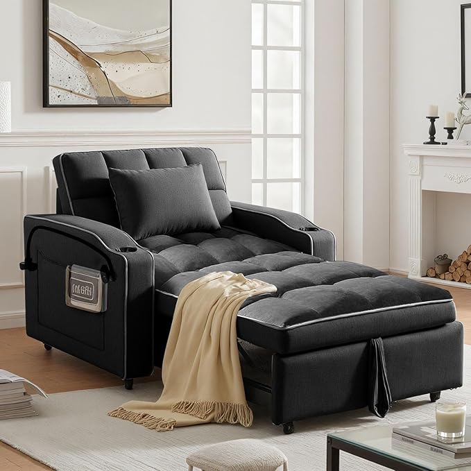 Sleeper Chair, Convertible Pull Out Chair Sleeper with Bracket and Cup Holder, Chairs Bed Sleepers for Adults, 3 in 1 Sofa Bed Chairs for Small Spaces, Living Room, Black