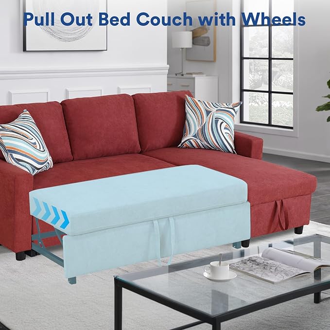 Rovibek 83" Convertible Sofa Bed Couch with Storage - 4 in 1 L Shaped Sofa with Pull Out Couch Bed for Living Room, Apartment, Office, Small Spaces, Red