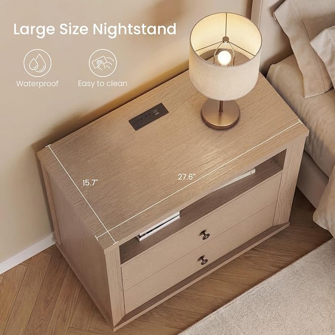 Night Stand Set of 2, Oversized Extra Large Nightstand with Charging Station, Tall Bedside Side Table with 2 Drawers Storage, Modern End Tables Wide Night Stands for Bedroom, White Oak - Image 3