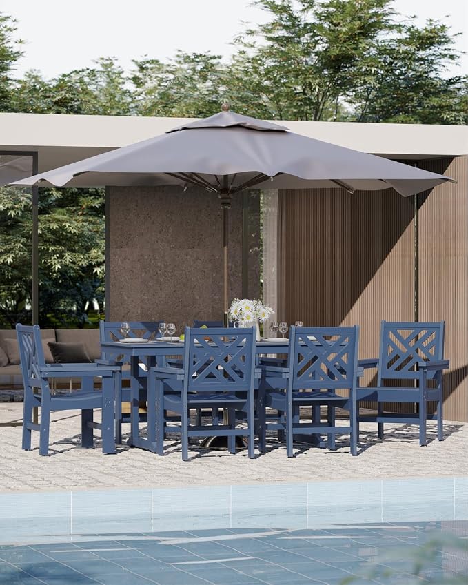 7-Piece Outdoor Dining Set, HDPE All-Weather Patio Table and Chairs Set for 6, Outdoor Patio Furniture Sets with Umbrella Hole for Outside, Deck, Backyard, Garden (Navy Blue) - Image 7