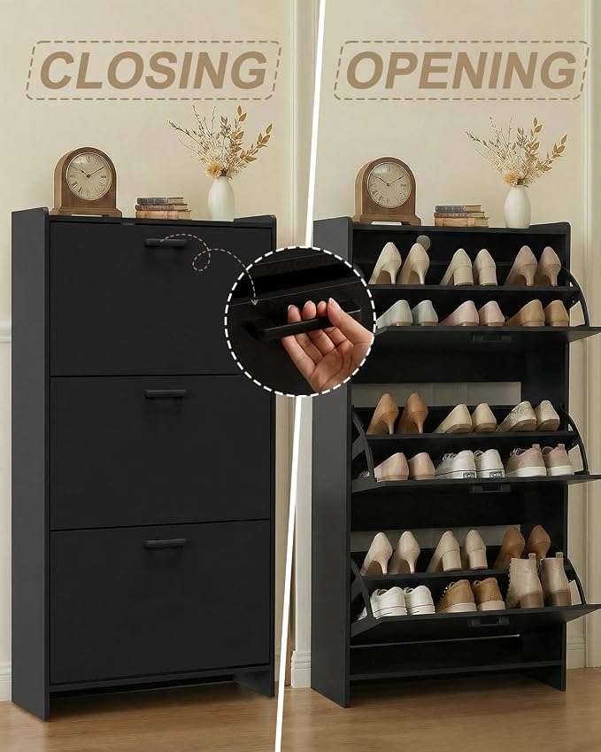 Shoe Cabinet with 2 or 3 Flip Drawers, Narrow Shoe Storage Cabinet, Hidden Shoe Organizer for Entryway, Space Saving Shoe Rack for Hallway, Living Room (Black, 3 Drawers with Handle) - Image 8