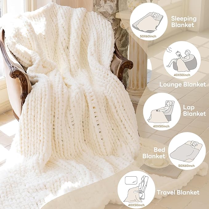 Chunky Knit Blanket - Luxury Soft Cozy 40 * 50 Throw Blanket,100% Woven Blanket Rope Knot Throw Blanket for Couch, Sofa, Home Decor, Gift - Machine Washable (Ivory White, 40 * 50)