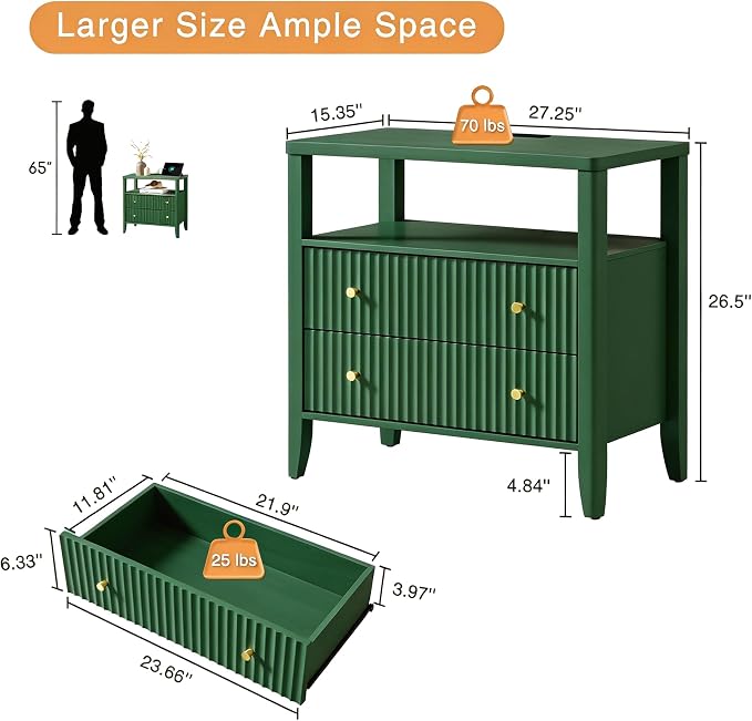 Fluted Nightstand with Charging Station Set of 2, 27.3" Tall Modern Bedside Table with 2 Drawers & Open Shelf, Large Wide Wood End Table with Storage & Metal Handle for Bedroom, Green - Image 2