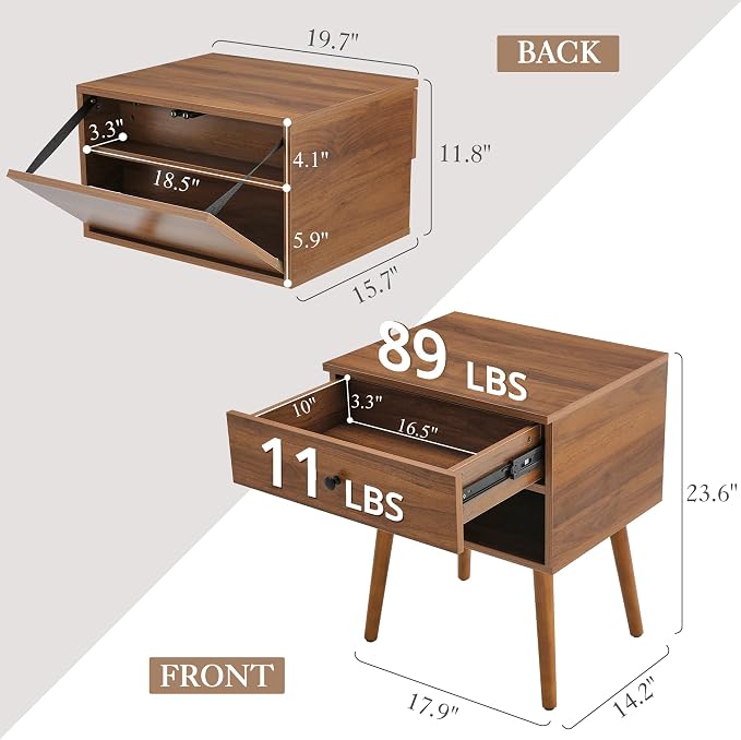 Hidden Compartment Nightstands, Mid Century Modern Concealment Furniture, Bedside Table with Wood Legs, End Table with Storage Drawer for Bedroom (1,Walnut) - Image 3